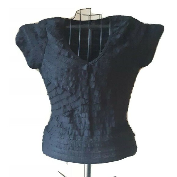 Black Ruffled Layer Top Blouse Size Lg 7 Wonders Crossover Styling Cap Sleeves - Picture 1 of 4
